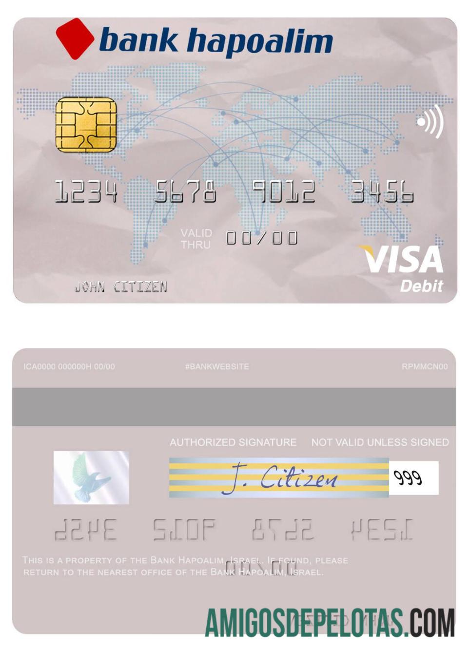 Cartão de débito Visa Hapoalim do Banco de Israel amostra